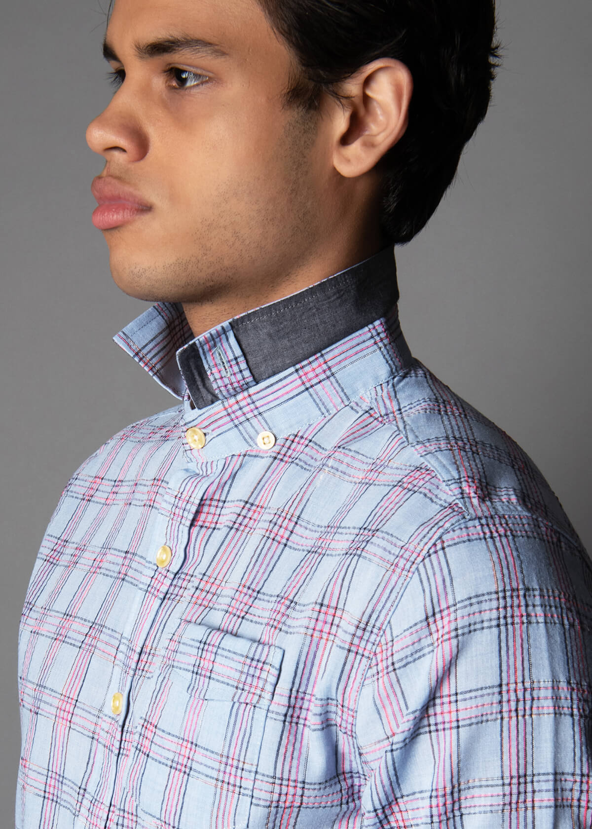 blue and pink check short sleeve men's shirt